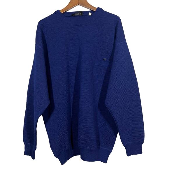 Vintage Vuperdue Knit Wool Pullover Top Italy Navy Blue Single Pocket Tee - XL - Picture 1 of 3
